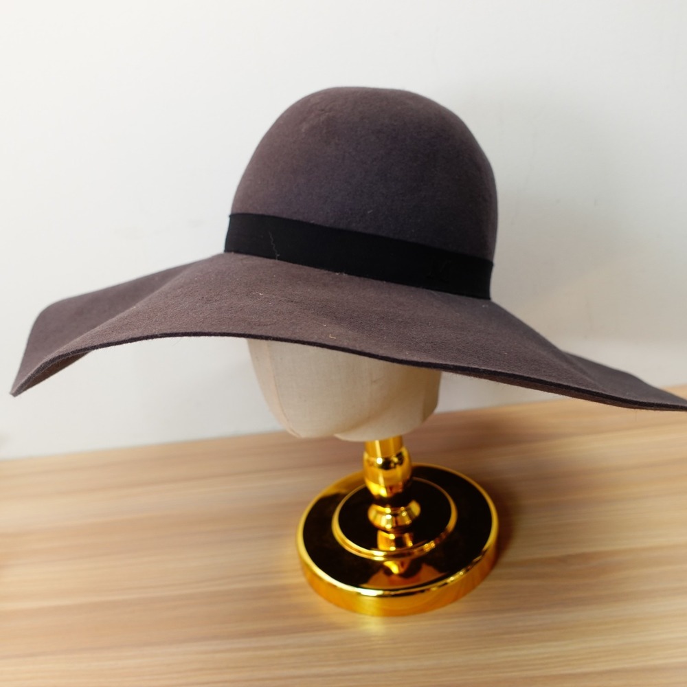 Maison Michel Paris Hat Womens LARGE Gray Felt Floppy Wide Brim M Ribbon Luxury